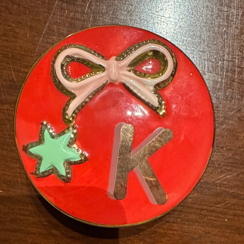 Red and Green K, Bow and Star Ceramic Trinket Box from Anthropologie